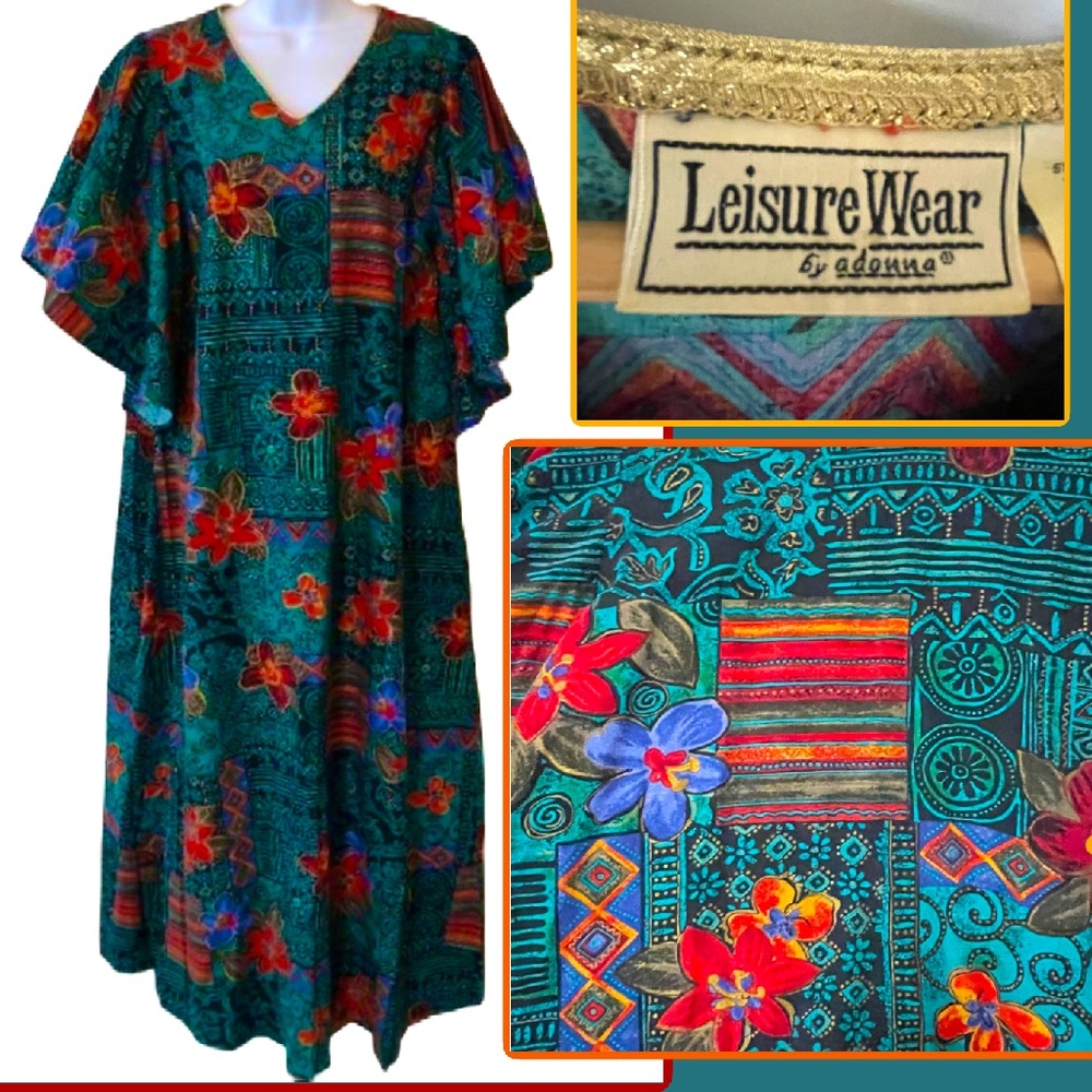 Women’s Vintage Hawaiian Maxi Dress size Medium Teal Floral Tribal Kaftan Casual